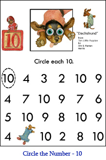 Circle the Number Worksheet  Ten (10) with Dachshund puppy art and a “10” number 